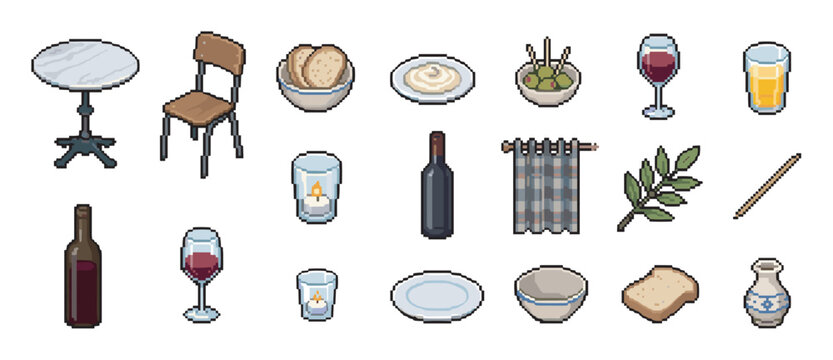 Set of pixel art restaurant icons featuring food, drinks, and furniture for a cozy tavern or cafe theme, including wine, bread, olives, a table, and a chair in a retro video game style