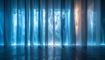 Abstract glass wall with misty atmosphere and blue light