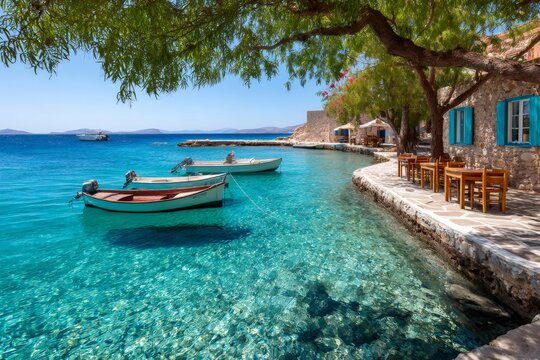 Halki island turquoise bay with fishing boats and waterfront restaurant