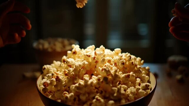 Valentine's Day: A person enjoying a bowl of freshly popped popcorn in a cozy video setting
