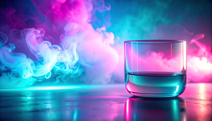 Glass tumbler with colorful fluid and glowing vapor smoke