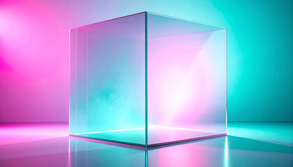 Clear glass cube with vibrant pink and blue neon glow