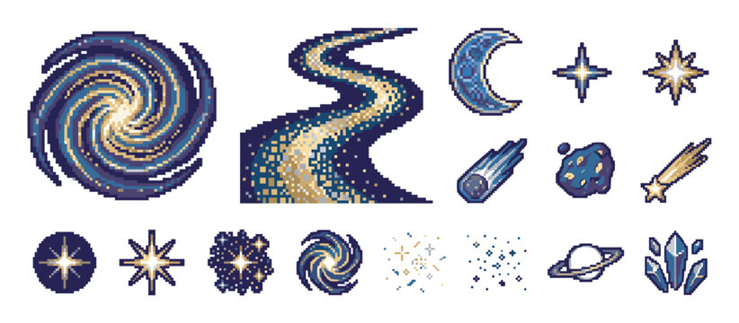 Pixel art space icons collection showing a galaxy, stars, moon, planet, comet, asteroid, and crystals in a detailed 8-bit style for a classic video game interface