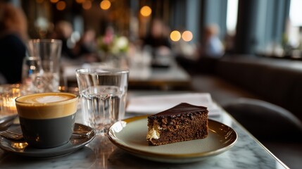 Fototapeta premium Coffee and chocolate cake on a table in a busy cafe during afternoon hours with people in the background