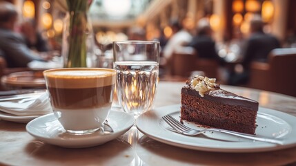 Enjoying coffee and cake at a cafe during a busy afternoon with people dining in the background
