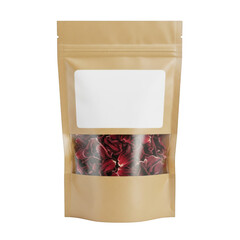 Eco-friendly kraft paper packaging with clear window displaying red leafy snacks