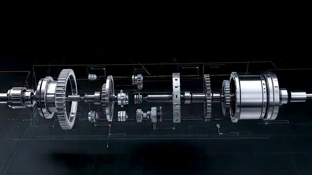 Exploded technical view automotive crankshaft assembly with pistons bearings connecting rods gears flywheel and detailed components on dark blueprint background