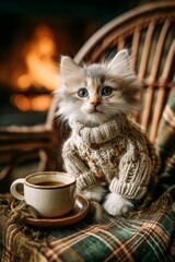 Adorable kitten wearing sweater sitting beside coffee cup in cozy setting  
