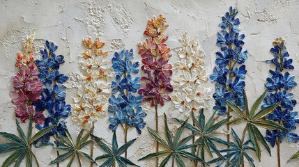 Decorative floral embroidery on textured wall background
