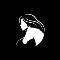 Elegant white profile silhouette of a woman's head merging with a horse's head