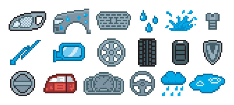 Pixel art car parts and weather icons in a retro 8-bit video game style, featuring a steering wheel, tire, headlight, mirror, rain cloud, and water splash for a user interface