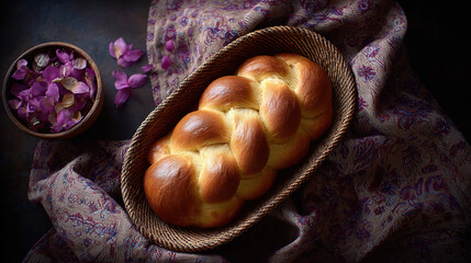 Freshly Baked Braided Bread on Wicker Basket with Floral Details