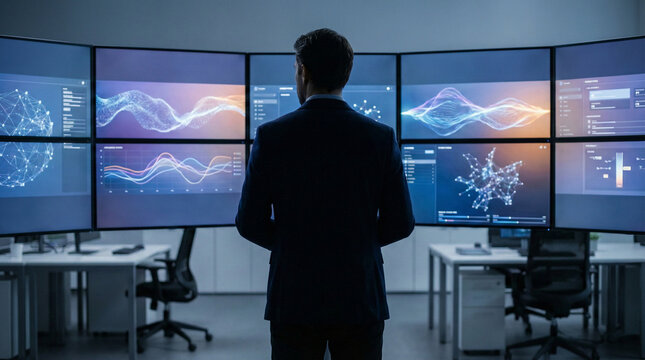 IT Professional Monitoring Global Data Analytics on Large Video Wall Screens - Powered by Adobe