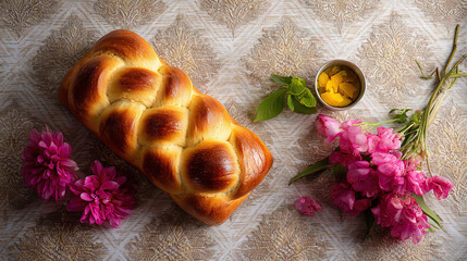 Freshly Baked Braided Loaf with Flowers on Textured Tablecloth