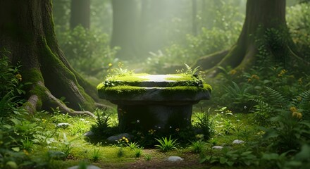 Ancient stone altar covered in moss in a mystical sunlit forest clearing