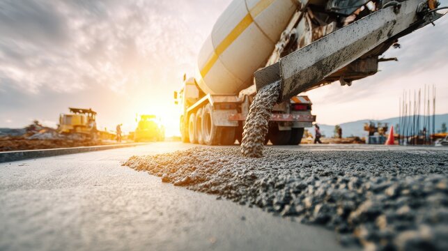 Cement mixer truck pouring fresh wet concrete on a road construction site at sunset