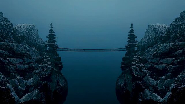 Mysterious narrow bridge suspended between dark rocky cliffs over deep foggy abyss with pine trees silhouettes in eerie blue twilight mist