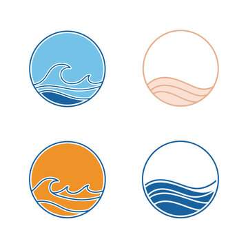 Four circular icons with stylized waves in blue, orange, and peach hues