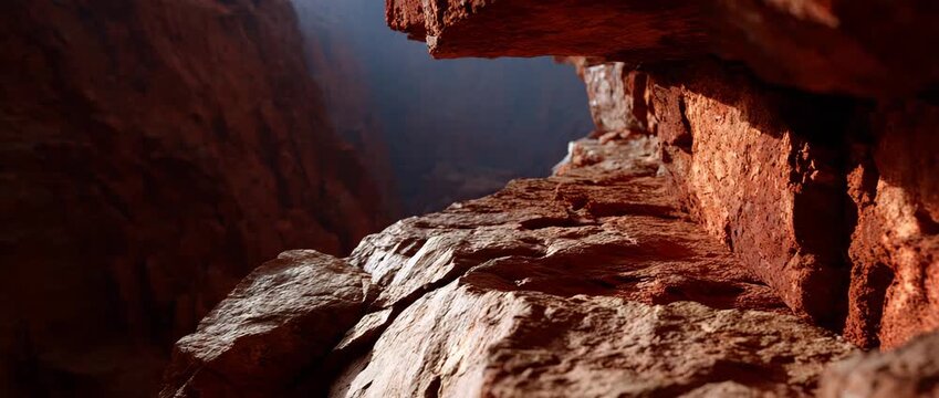 Textured rock face inside a canyon illuminated by light.