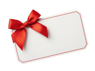 Elegant red ribbon bow on a blank white card