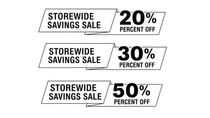 Storewide savings sale banners displaying twenty thirty and fifty percent off discounts