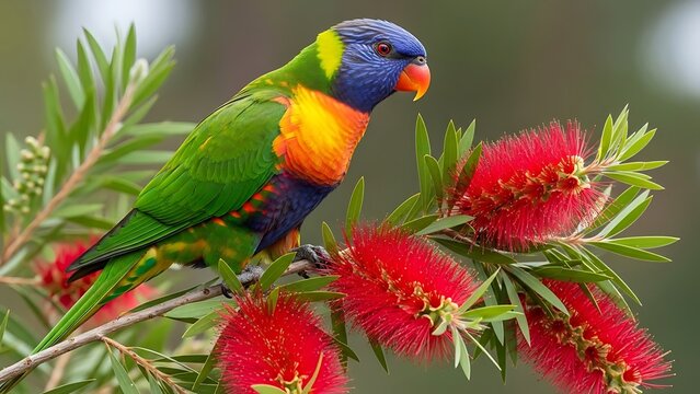 A vibrant rainbow lorikeet perched on a branch, surrounded by bright red bottlebrush flowers