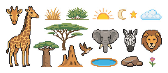 Naklejka premium Pixel art safari animals and nature elements including a giraffe, lion, elephant, and zebra with trees, a sun, and moon for a retro 8-bit video game aesthetic