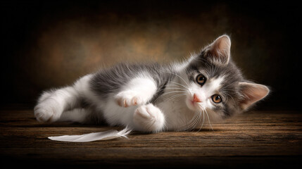 Small kitten lying on wooden surface with feather toy