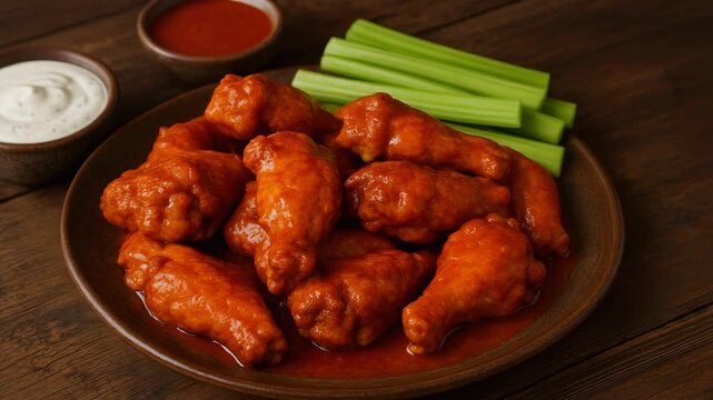 Delicious chicken wings feast restaurant table food rustic aerial view culinary experience