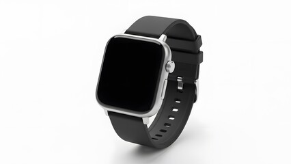 Fototapeta premium A sleek smartwatch with a black band and silver frame is displayed on a white background