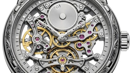 Obraz premium A close-up view of a luxurious watch with intricate mechanical gears and golden details on a white background