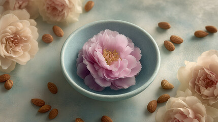 Delicate Flower Floating in a Metal Bowl with Almonds