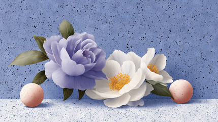 Two blooming flowers with pebbles on a speckled surface