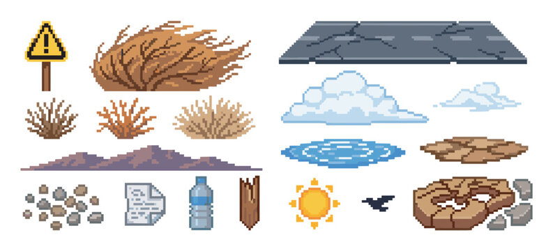Pixel art game assets set for a post-apocalyptic desert scene, featuring a cracked road, tumbleweed, warning sign, sun, clouds, and various environmental objects