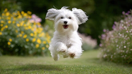Fluffy White Dog Leaping in a Flower Garden