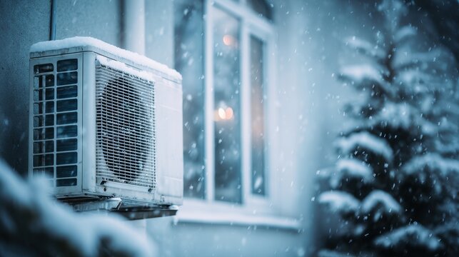 Outdoor air conditioning unit covered in snow during a winter snowstorm