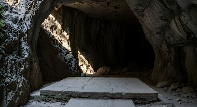 Ancient stone slab altar inside dark cave entrance with sunlight streaming through opening