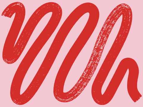 Hand-Drawn Grainy Res Brush Strokes On Pink Background. Distress Damaged Banner with Wavy Shapes. Retro Vintage Abstract Texture with Bold Lines