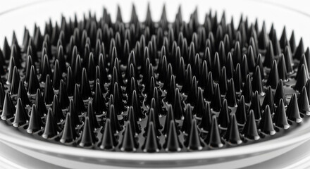 Ferrofluid demonstrates rapid spikes forming sharp cones in response to magnetic field changes during a scientific experiment