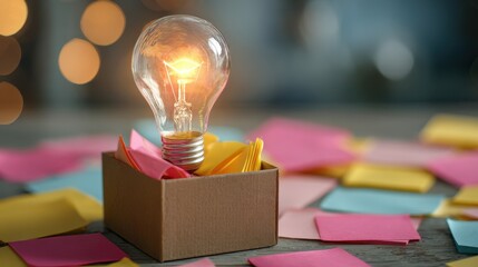 Glowing light bulb in a cardboard box with colorful sticky notes for creative brainstorming and ideas.
