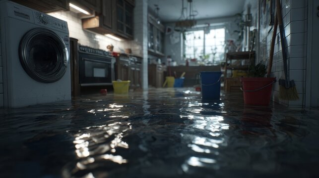 Flooded Kitchen Interior with Water Covering the Floor due to Pipe Leak or Natural Disaster