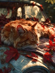 Orange cat sleeping on an old car surrounded by autumn leaves  