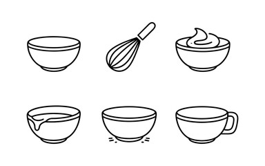 Collection of simple line art icons depicting kitchen bowls and a whisk