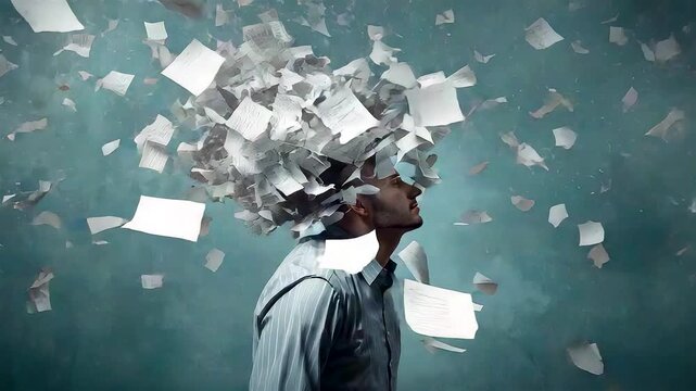 man with head exploding into chaotic flying scattered white paper sheets documents notes in teal blue misty background surreal chaos