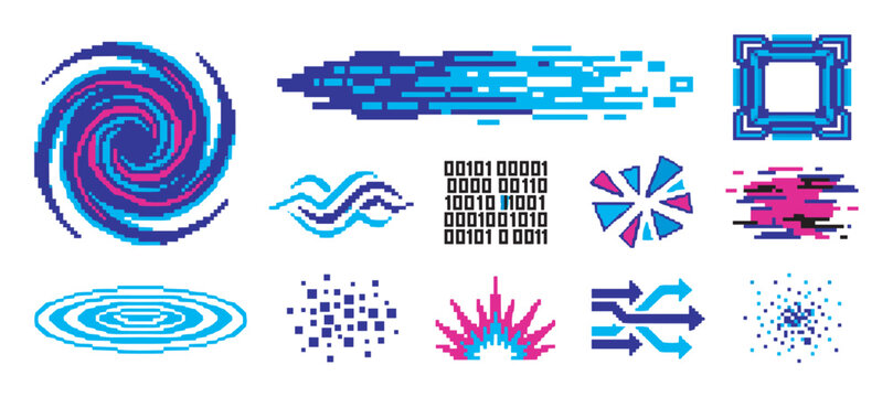 Set of retro pixelated abstract graphic elements in blue and pink, including digital glitch effects, swirls, arrows, and binary code for a vintage 8-bit computer game aesthetic