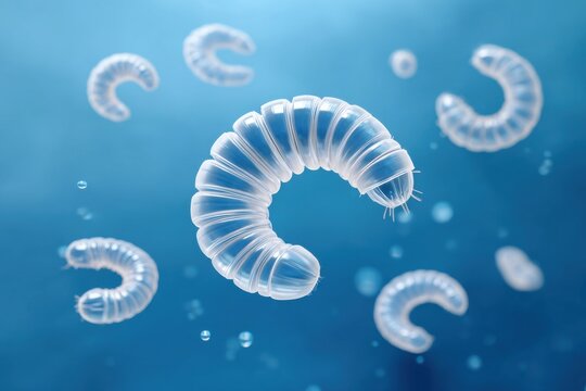 Stock 3D illustration of multiple segmented larvae with spirals floating in a blue underwater environment, showcasing translucent bodies and fine details for educational or scientific use