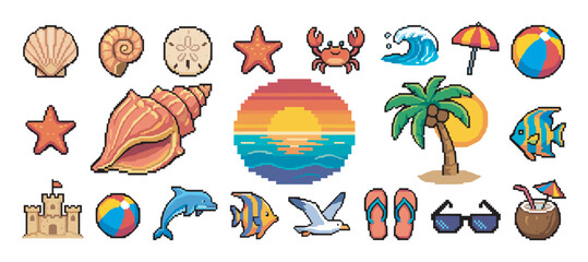 Obraz premium Collection of colorful pixel art icons featuring summer beach and vacation elements like a palm tree, seashell, crab, and sunset in a retro 8-bit video game style illustration set