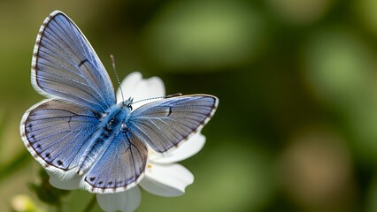 Blue Butterfly Rests on White Flower Blossom