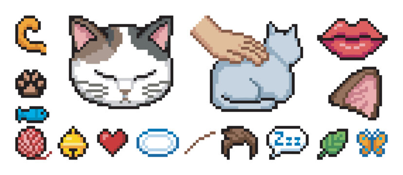 Pixel art cat and pet care icons featuring a sleeping feline, a hand stroking a kitty, a fish, a ball of yarn, and a heart in a retro 8-bit video game graphic style