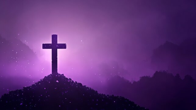 A serene Christian cross on a hill with a beautiful purple background